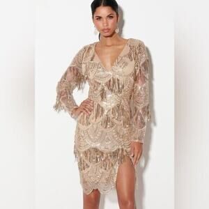 Gold Lulu's Dress XS Go Go Vintage NWOT V Neck Long Sleeve